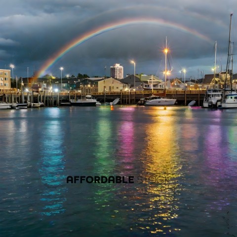 A Rainbow Over a Harbor at Night
