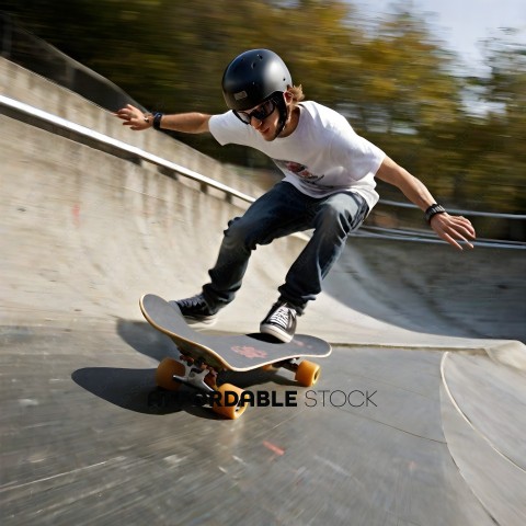 Skateboarder in a white shirt and black helmet riding a skateboard on a ramp