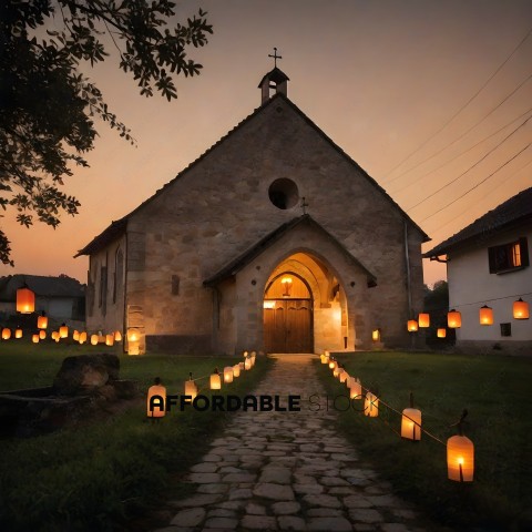 A church with a pathway lit with candles
