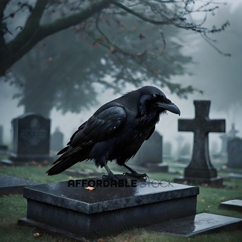 A Crow Sits on a Grave Stone in a Cemetery