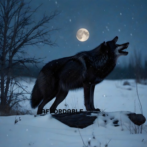 A black wolf howling at the moon in the snow
