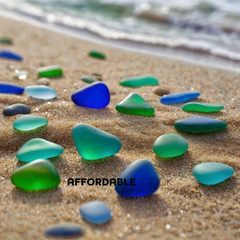 Green and Blue Glass Shards on Sand