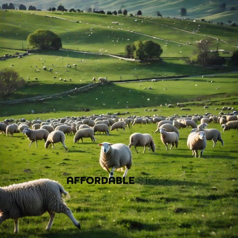 A herd of sheep grazing in a green pasture
