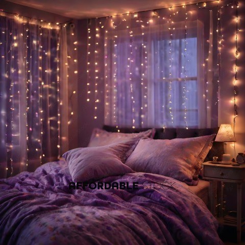 A purple bed with a purple blanket and purple pillows