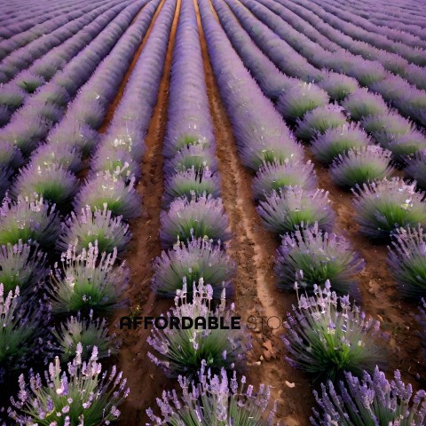 A field of lavender with a dirt path in the middle