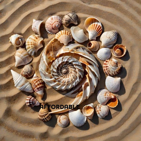 A spiral shell and other shells are in a sandy circle