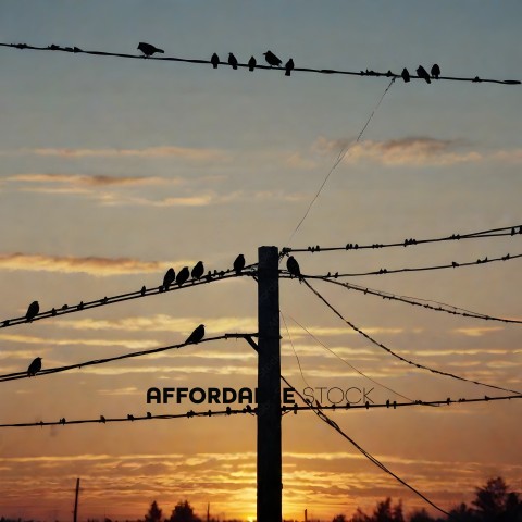 Birds on power lines at sunset