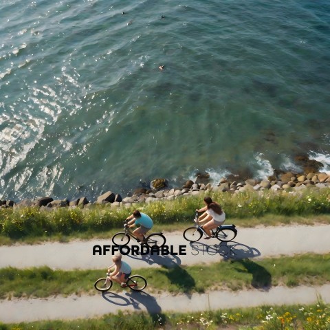 Three people riding bikes on a path by the water