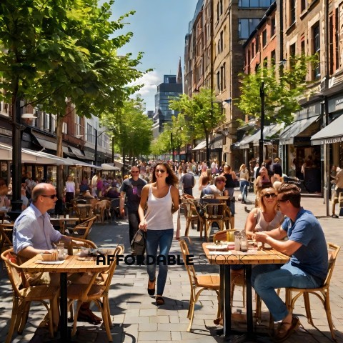 A busy city street with people eating outside