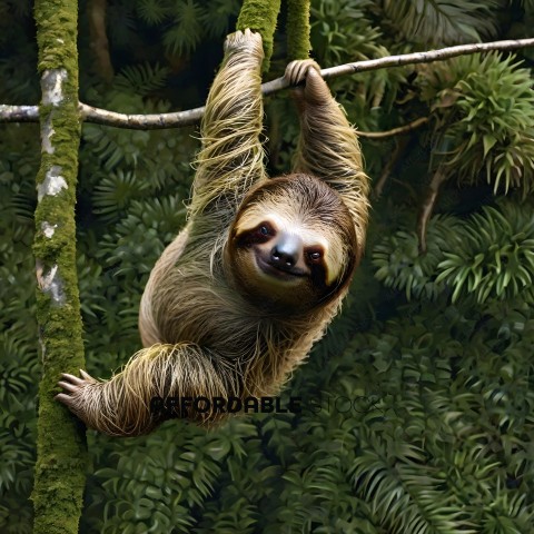 A brown sloth hanging from a branch