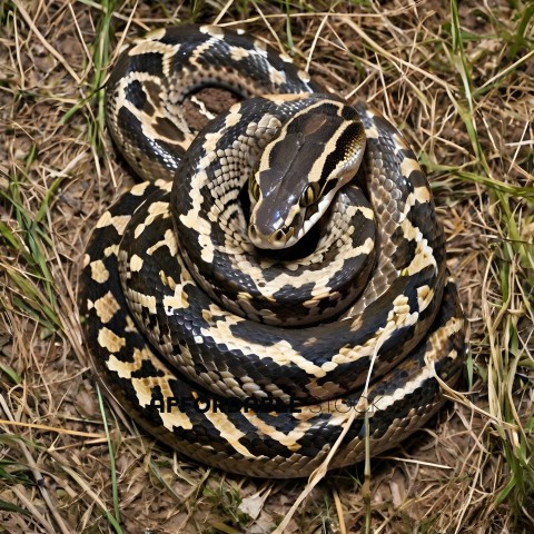 A snake with a brown head and black and white body