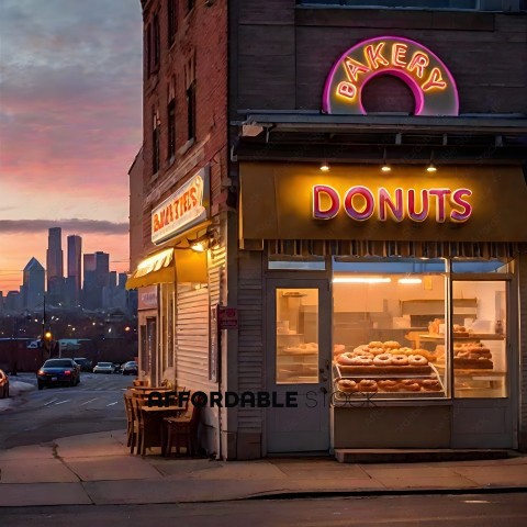 A Bakery with Donuts and Chairs on the Sidewalk