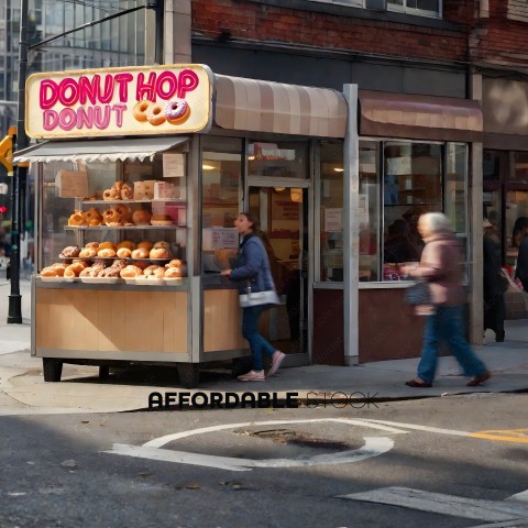 A woman standing in front of a donut shop
