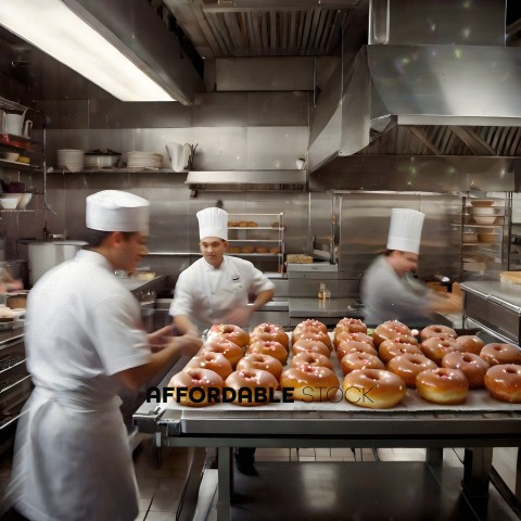Three chefs working in a kitchen with donuts