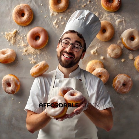 A pastry chef holding a tray of donuts
