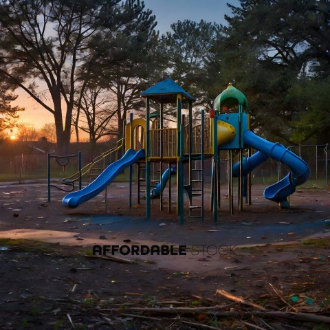 A playground with a slide and a swing set