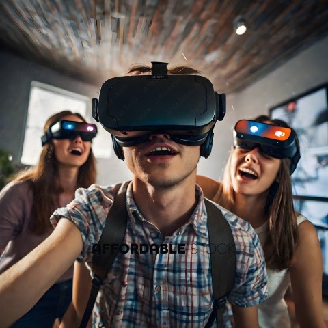 Three people wearing VR headsets