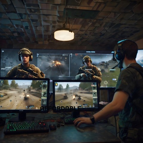A man playing a video game with two monitors