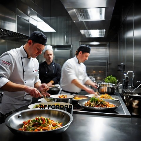 Three chefs in a kitchen preparing food