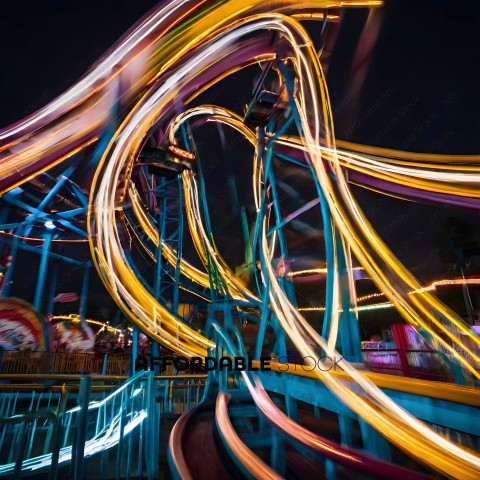Rollercoaster at night with lights and blurry people