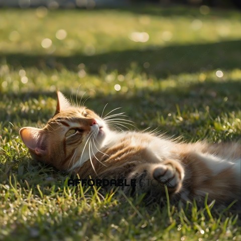 A cat lays in the grass with its eyes closed