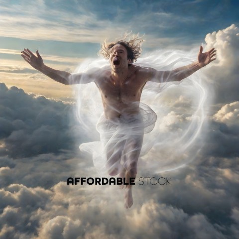 A man in a white robe is flying through the clouds