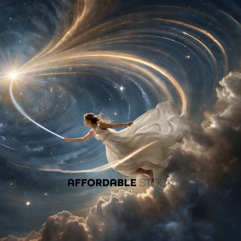 A woman in a white dress flies through the sky