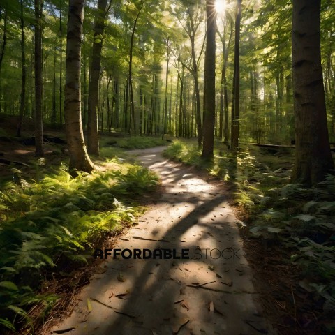 A pathway through a forest with sunlight shining through the trees