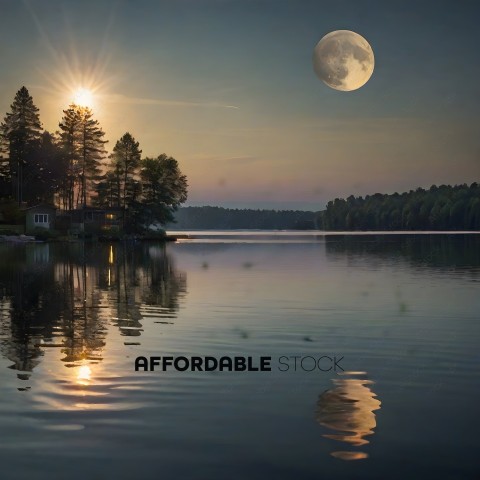 A serene scene of a lake at sunset with a full moon