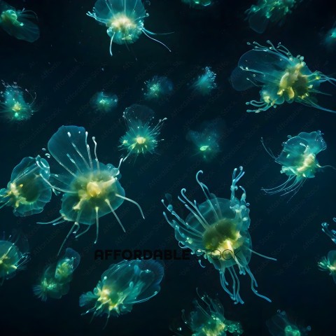 A group of blue jellyfish swimming in the ocean