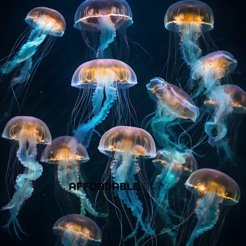 A group of eight blue and white jellyfish
