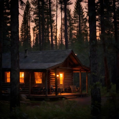 A cabin in the woods with a warm glow from the inside
