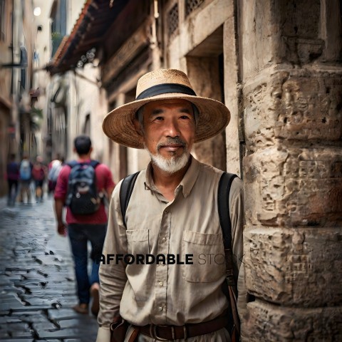 A man in a tan shirt and straw hat standing in an alley