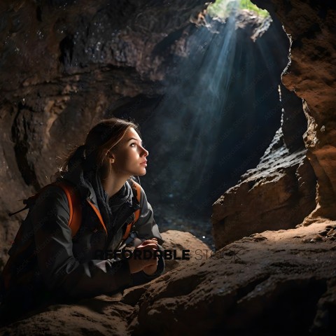 A woman in a cave looking up