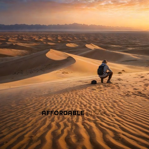 A man sitting in the desert with a backpack