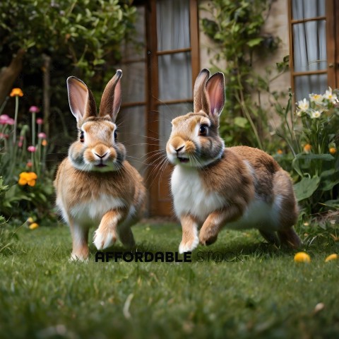 Two rabbits run in the grass