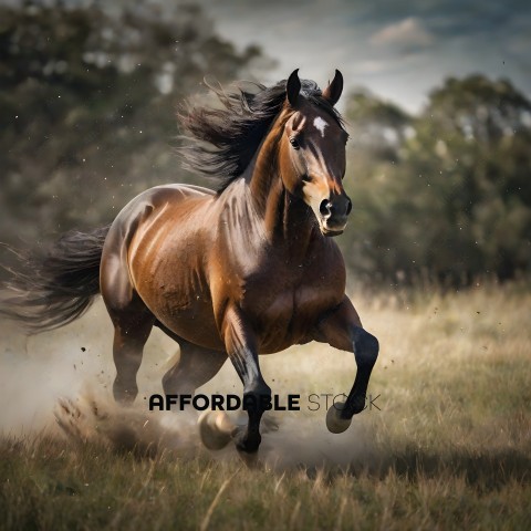 A brown horse running through a field