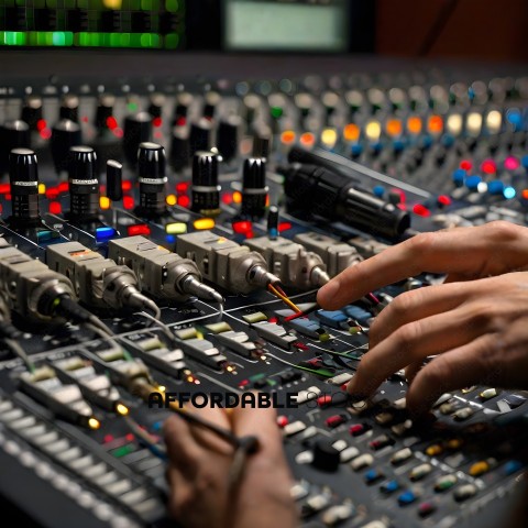 A person is adjusting a sound board