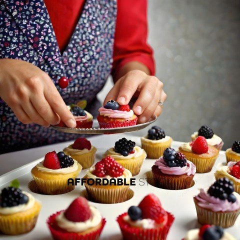 A woman decorating cupcakes with berries