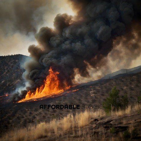 A large fire in a field with smoke