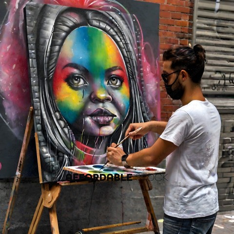 Man painting a portrait of a woman on a canvas