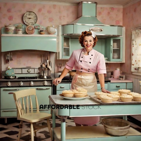 A woman in a pink and white uniform is smiling while standing in front of a table with pies on it