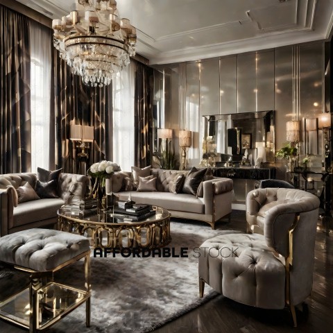 A luxurious living room with a chandelier and a large rug