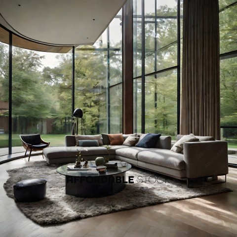 A modern living room with a glass wall and a large rug
