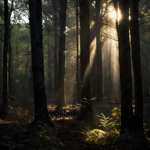 A forest with a sunbeam shining through the trees