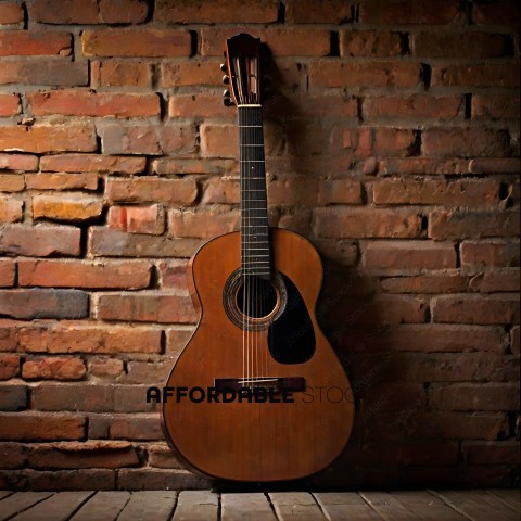 A guitar is propped against a brick wall