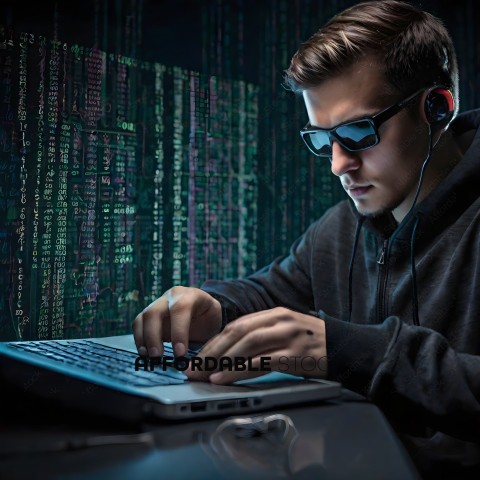 Man wearing sunglasses and headphones working on a laptop