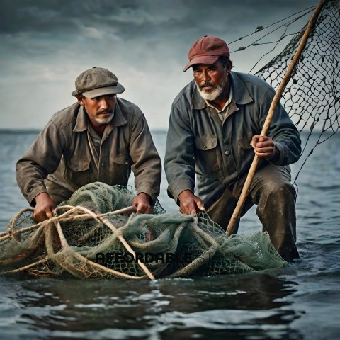 Two men in dirty clothes holding a net