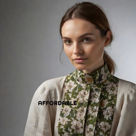 A woman wearing a green and white flowered shirt