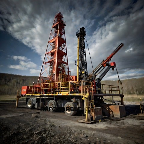 A large drilling rig with a yellow trailer